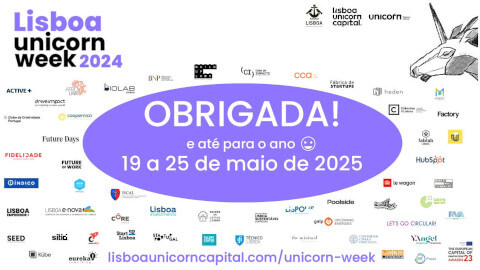 Lisboa unicorn week 2024 event banner with participants logos and in the middle a purple ellipse saying obrigada! e ate a ano 19 a 25 de maio de 2025